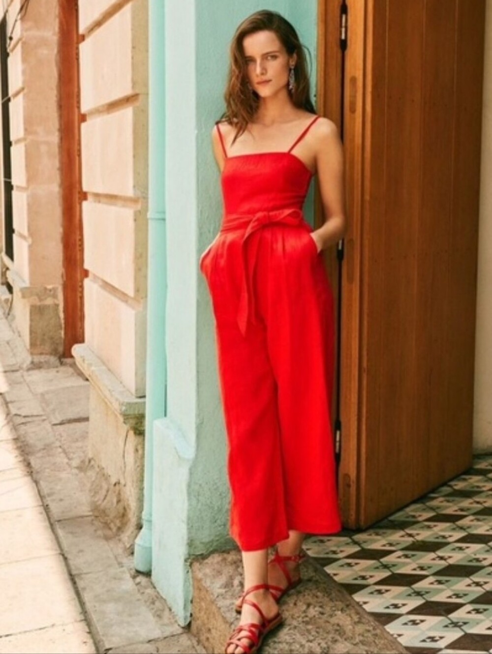 J CREW Red Sleeveless Tie-Waist Jumpsuit, Linen Lined, Size 8